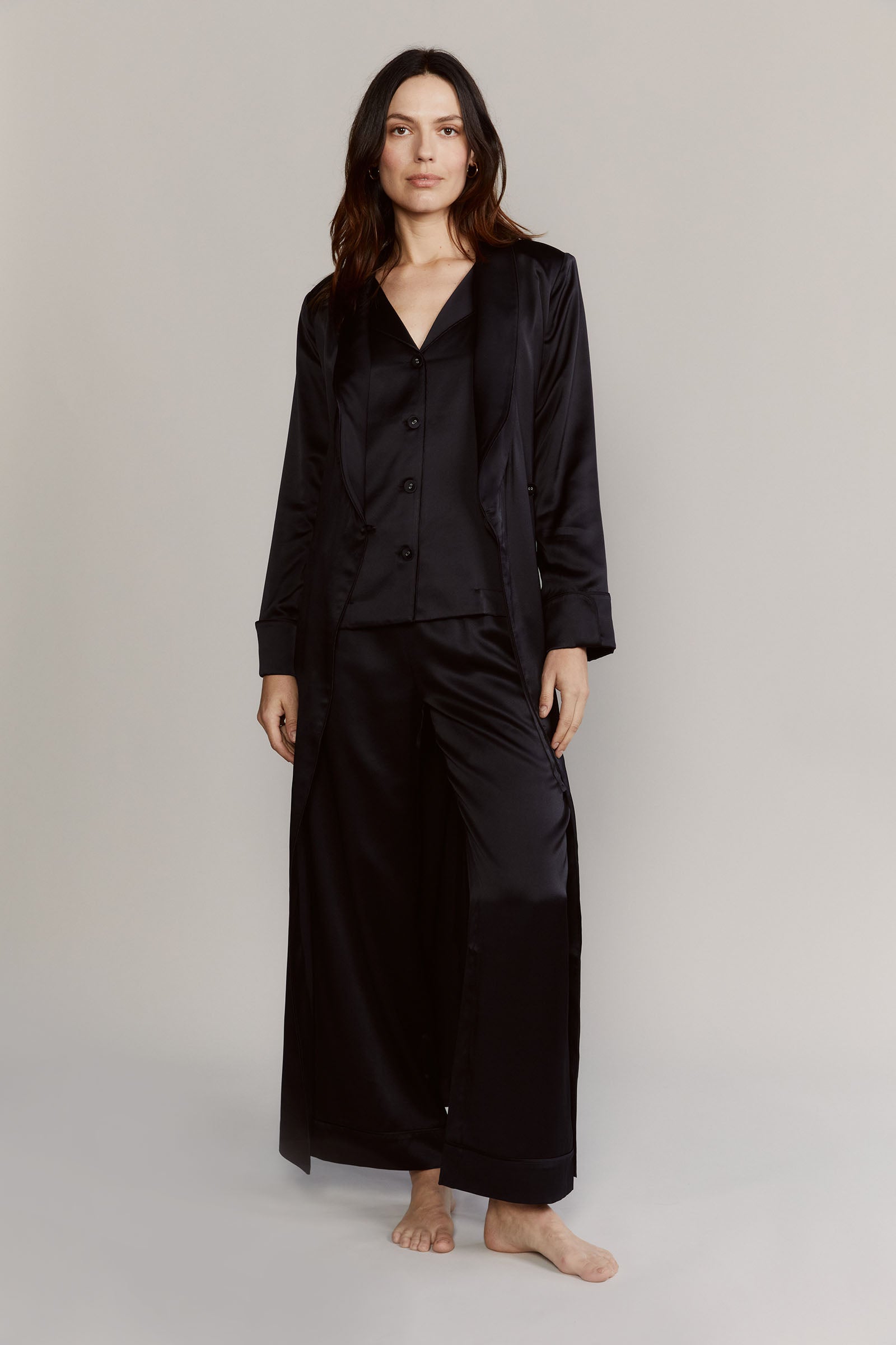 Katro Colony Black Silk Satin Pajamas and Matador Robe
