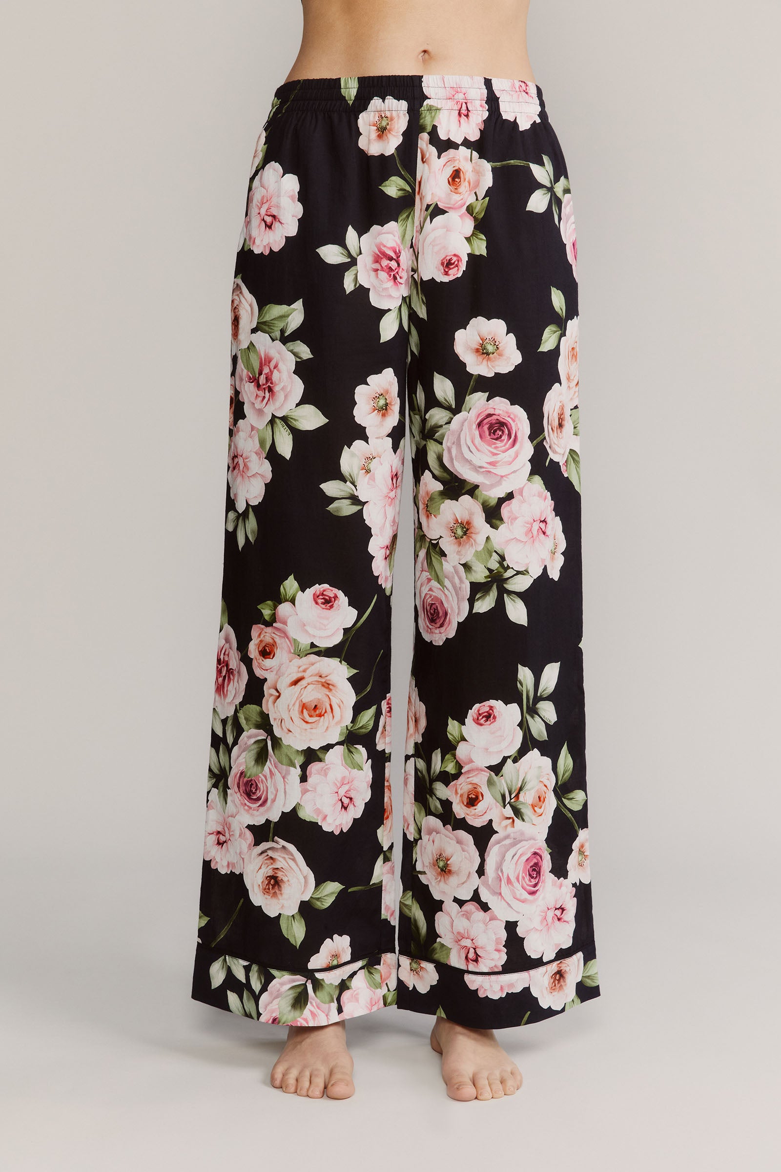 Katro Cabbage Rose Black Cotton Pants