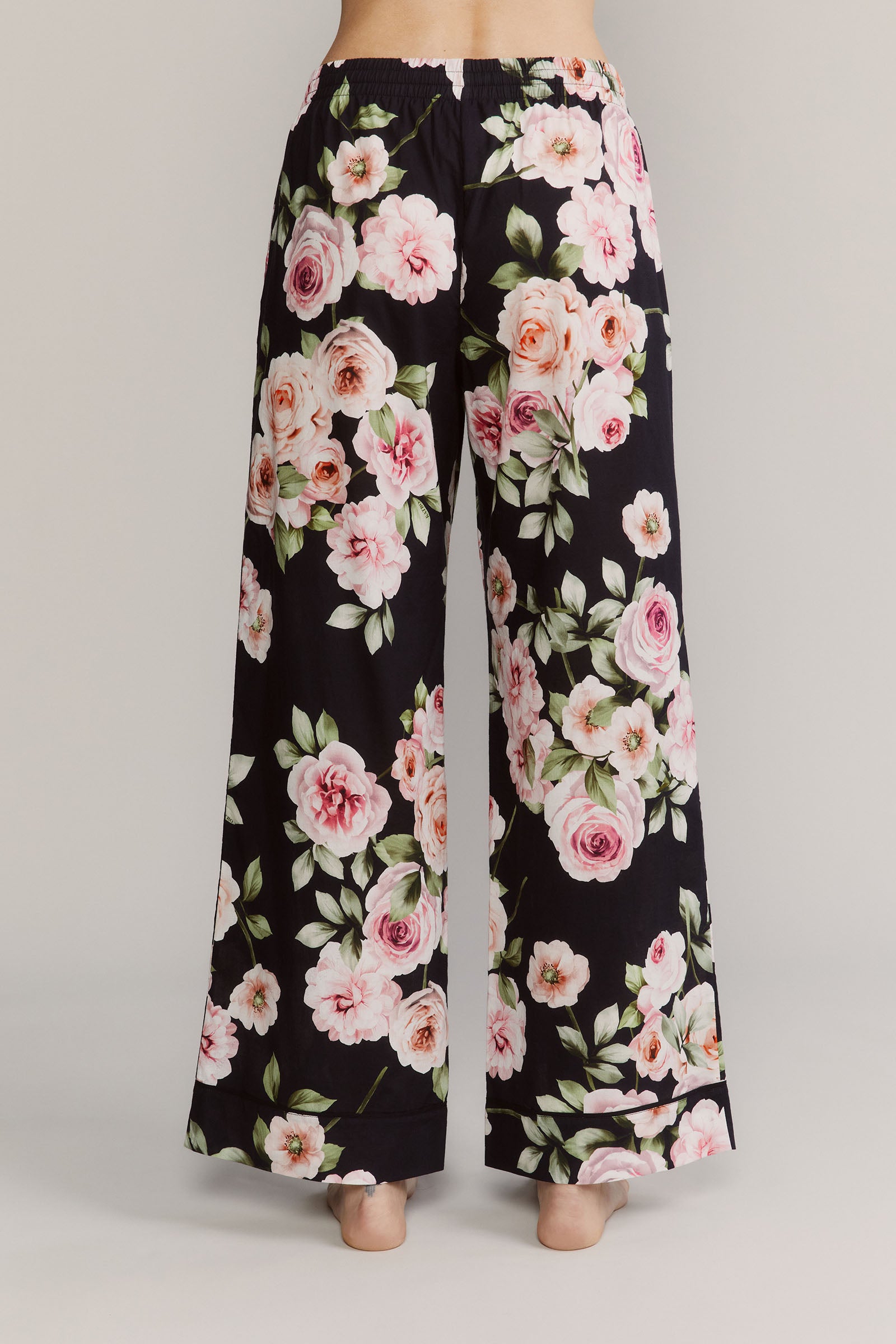 Katro Cabbage Rose Black Cotton Back Pants