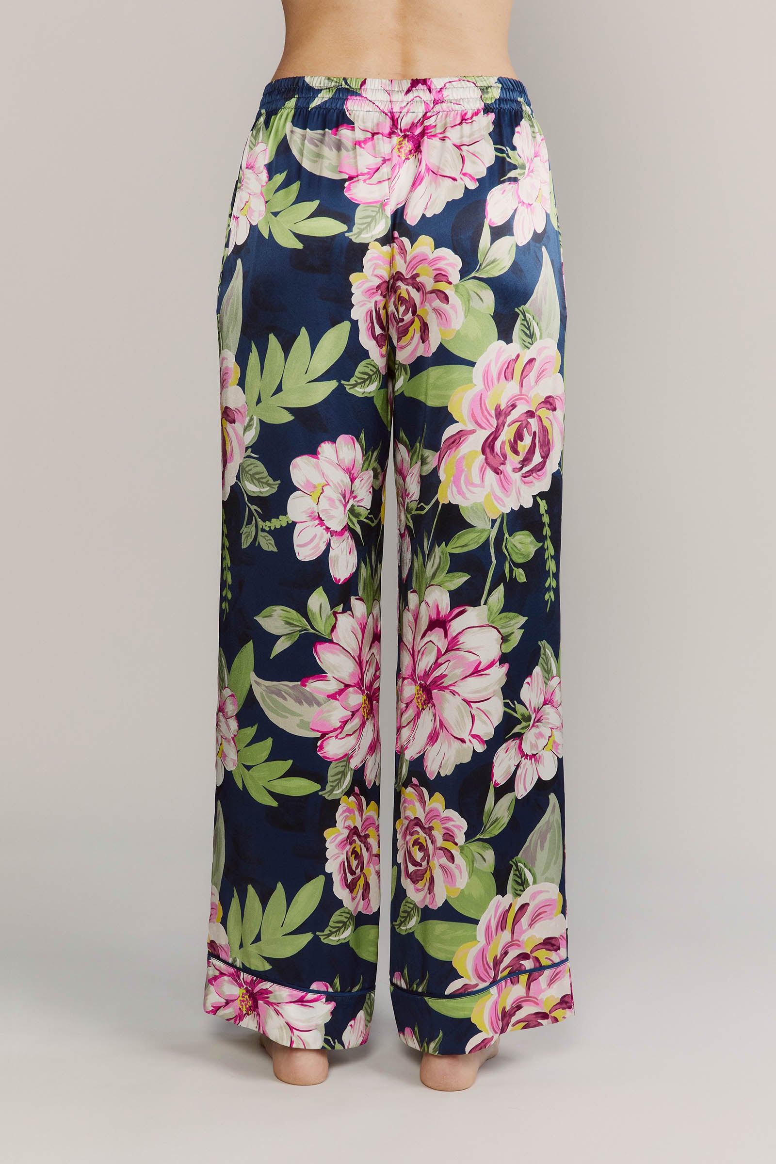 Colony Back Pants Pink Peonies Silk