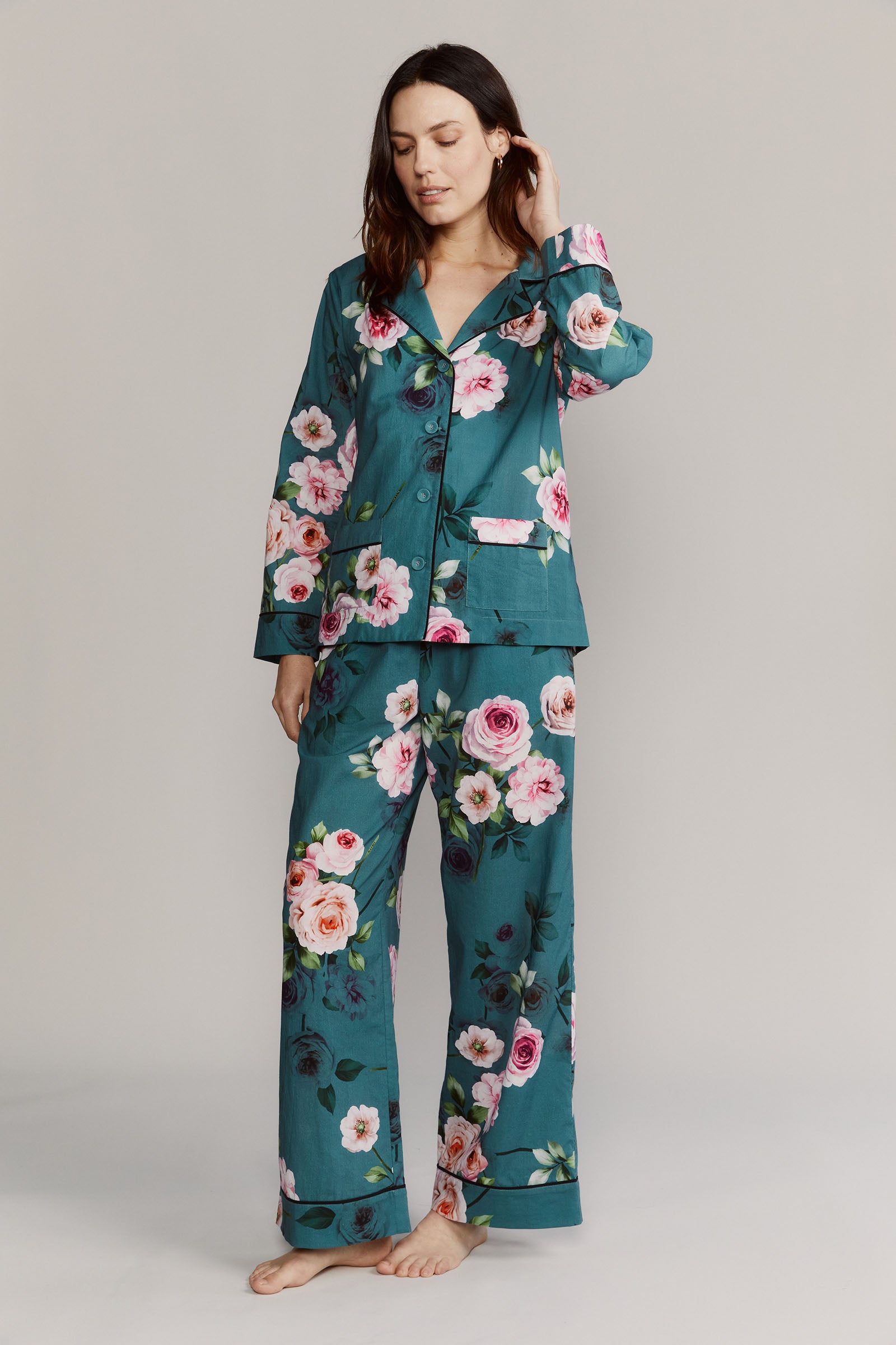 Katro Colony Cabbage Rose Green Cotton Pajamas