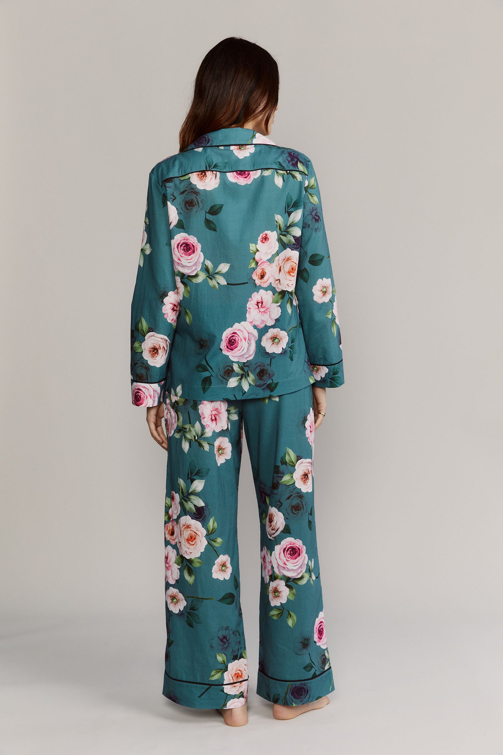 Katro Colony Cabbage Rose Green Cotton Pajamas Back