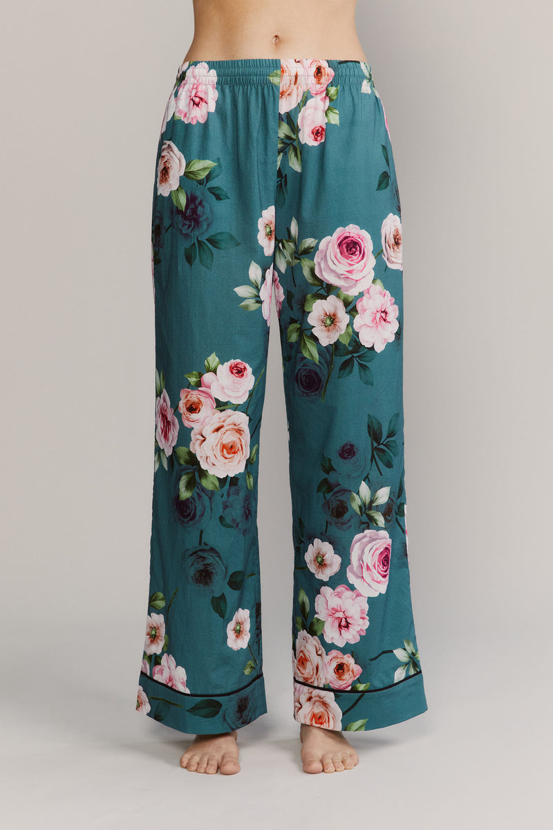 Katro Colony Cabbage Rose Green Cotton Pants