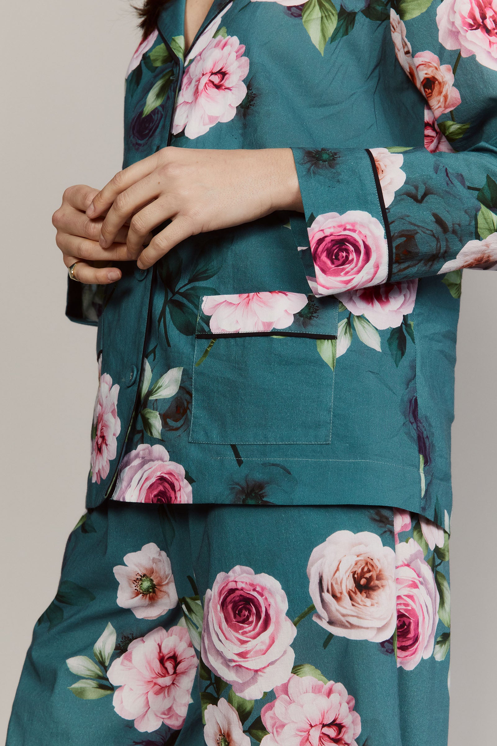 Katro Colony Cabbage Rose Green Cotton Pajamas Closeup