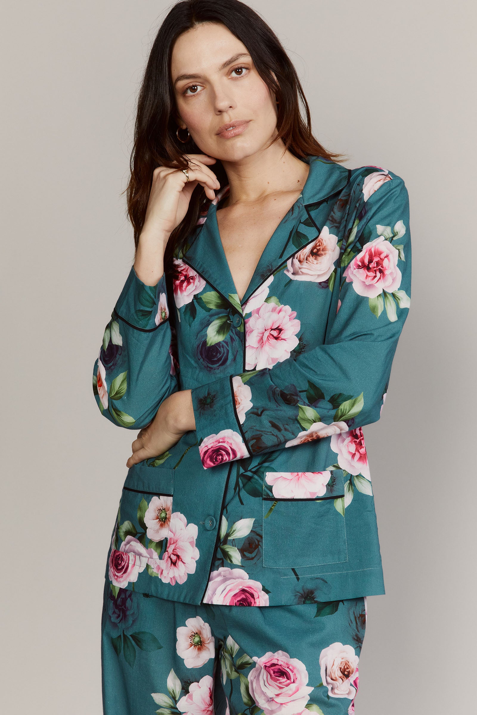 Katro Colony Cabbage Rose Green Cotton Pajamas Closeup Top