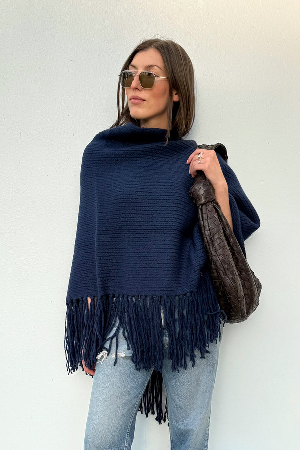 Fringe Poncho - Navy