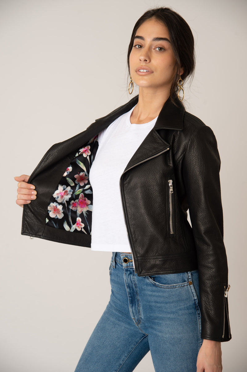 Laurel Canyon Leather Jacket Black Cherry Blossom Inside Zipper